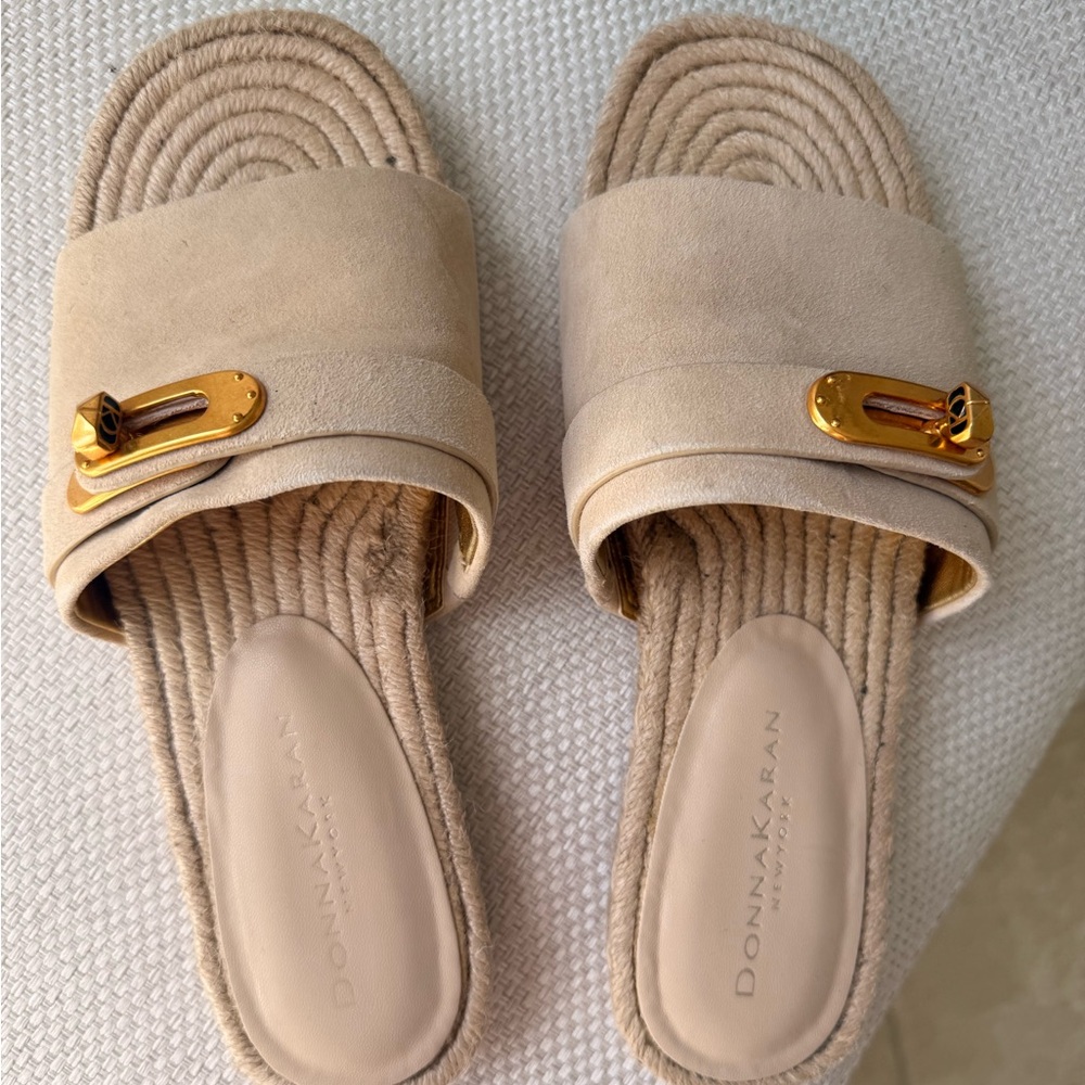 Donna Karan Beige Slide Mules with Gold Buckle
